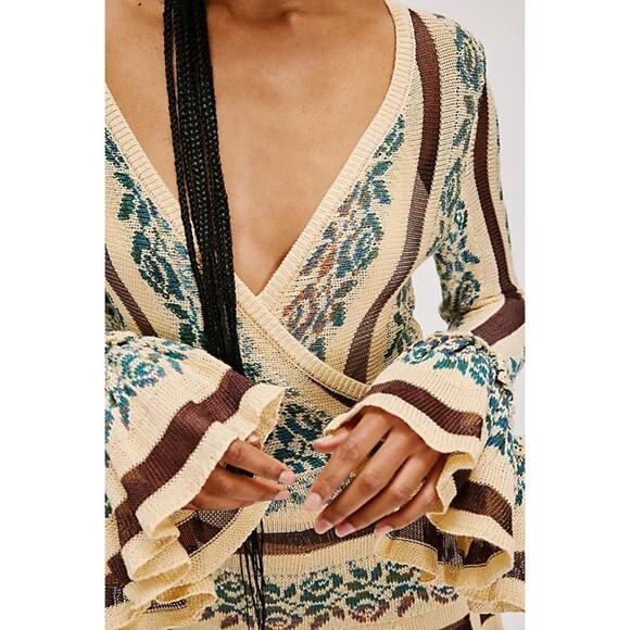 Free People Bella Rosa Wrap Mini Dress V-Neck Neutral Combo Size M NWT - Picture 4 of 11